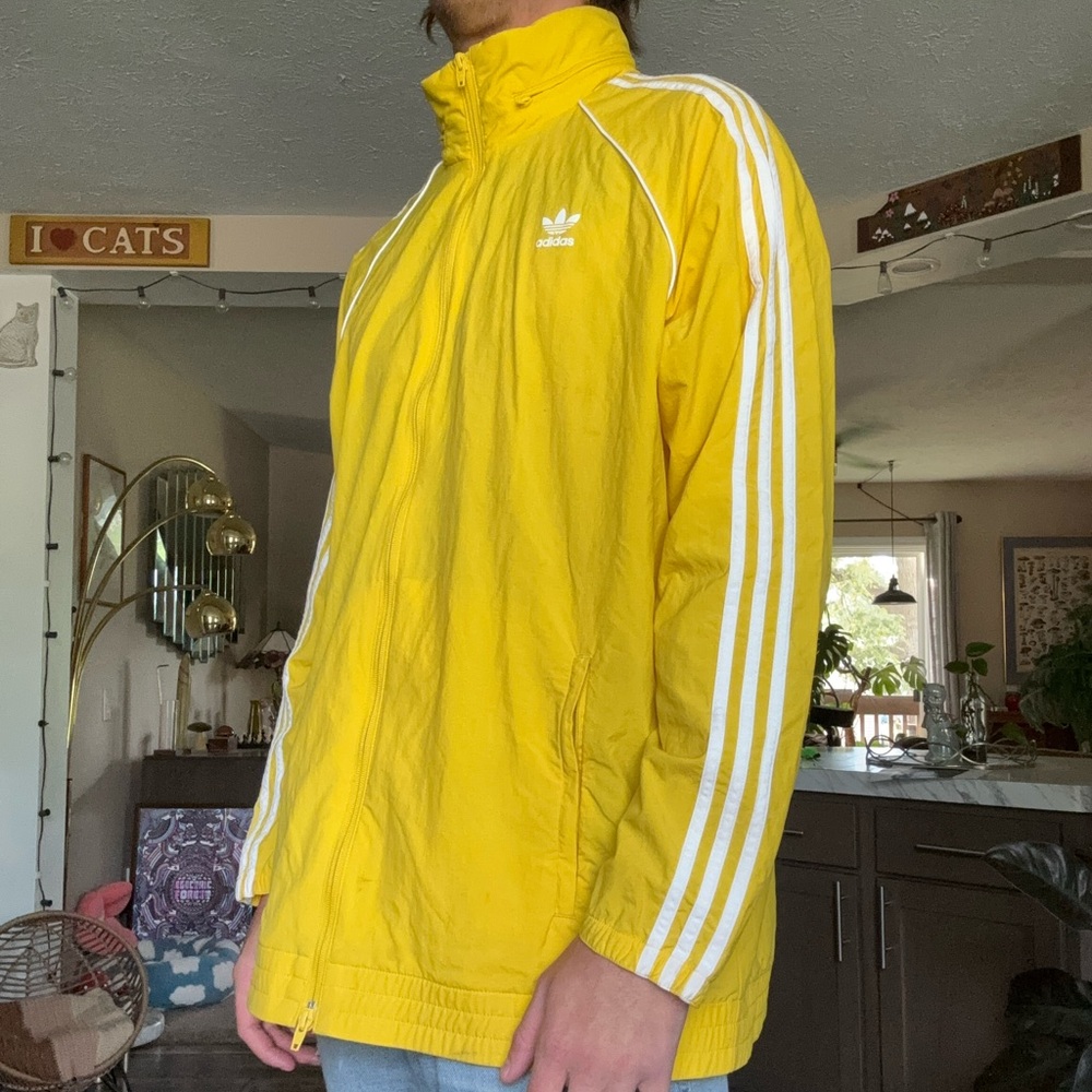 Vintage Y2K Adidas Bright Yellow Jacket with Zip Away Hood and Zipper Pockets
